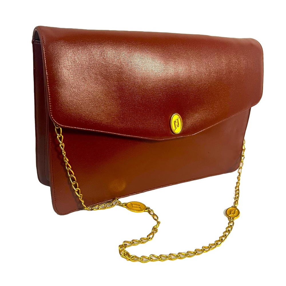 🤩 stunning Lou Taylor vintage clutch, warm brick Italian leather, gold mirror